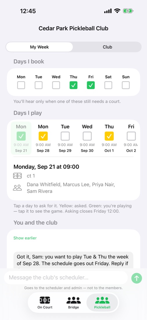 The Companion app showing a club's week
