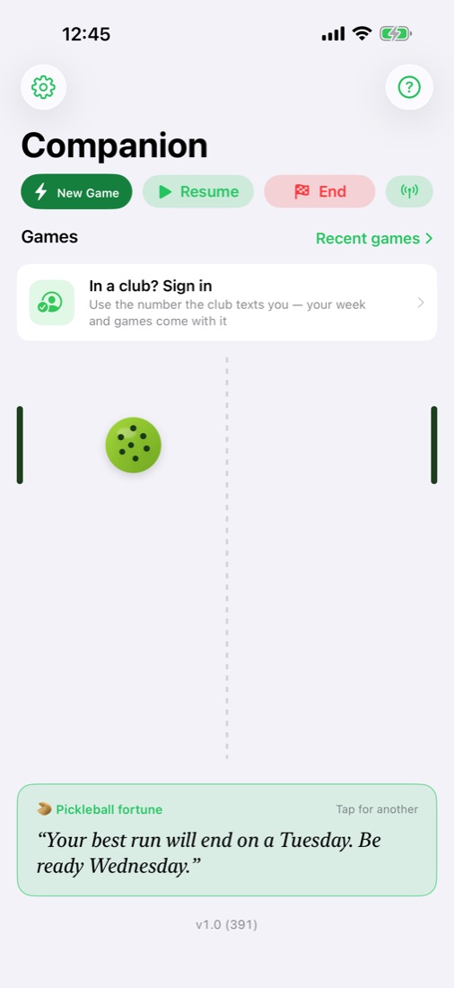 Home: New Game, Recent games, the club sign-in card, and the ball on its court