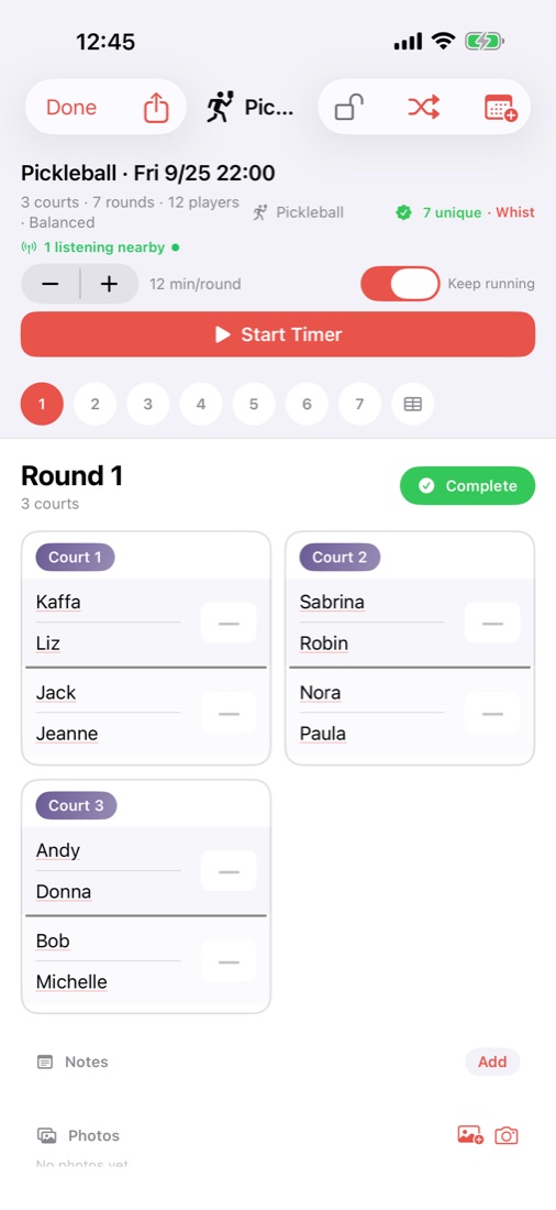 A round in progress: one court, four playing, one sitting out